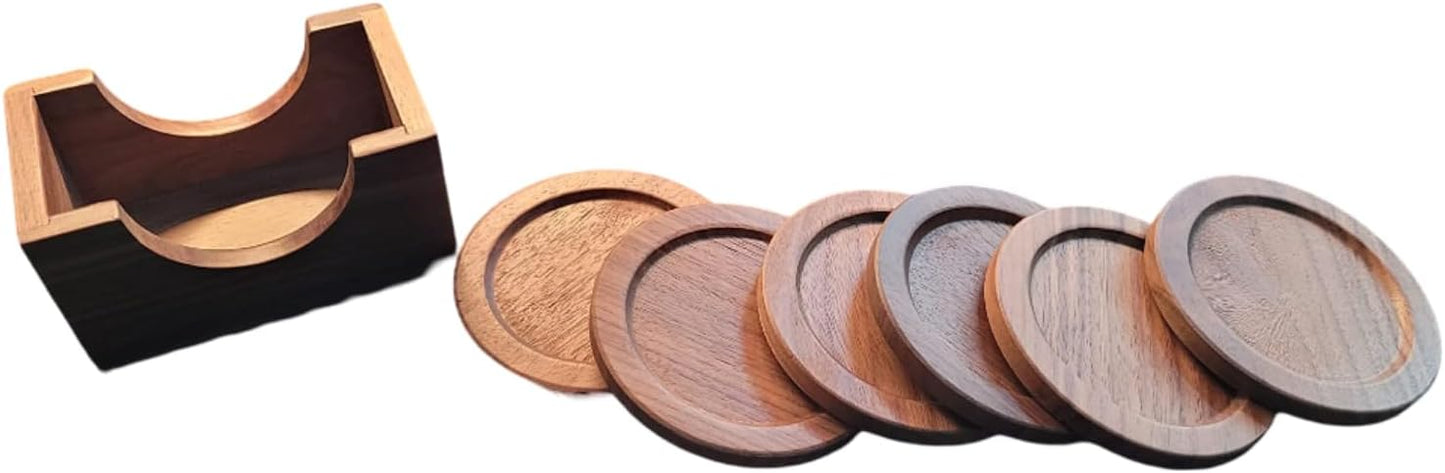 Lilymeche Concept - Walnut Wood Drink Coasters with Holder & Wood Coffee Stick, Wooden Coaster Set, Suitable for Coffee Cups, Beer Glasses, Mugs, Wine Cup (12cm)