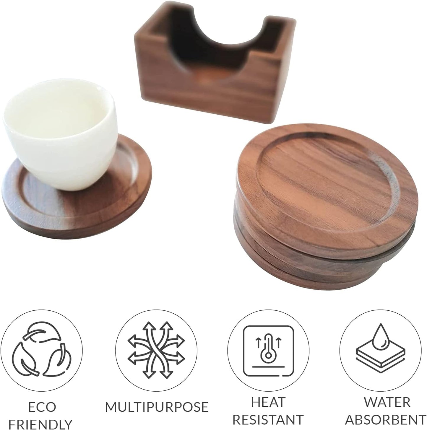 Lilymeche Concept - Walnut Wood Drink Coasters with Holder & Wood Coffee Stick, Wooden Coaster Set, Suitable for Coffee Cups, Beer Glasses, Mugs, Wine Cup (12cm)
