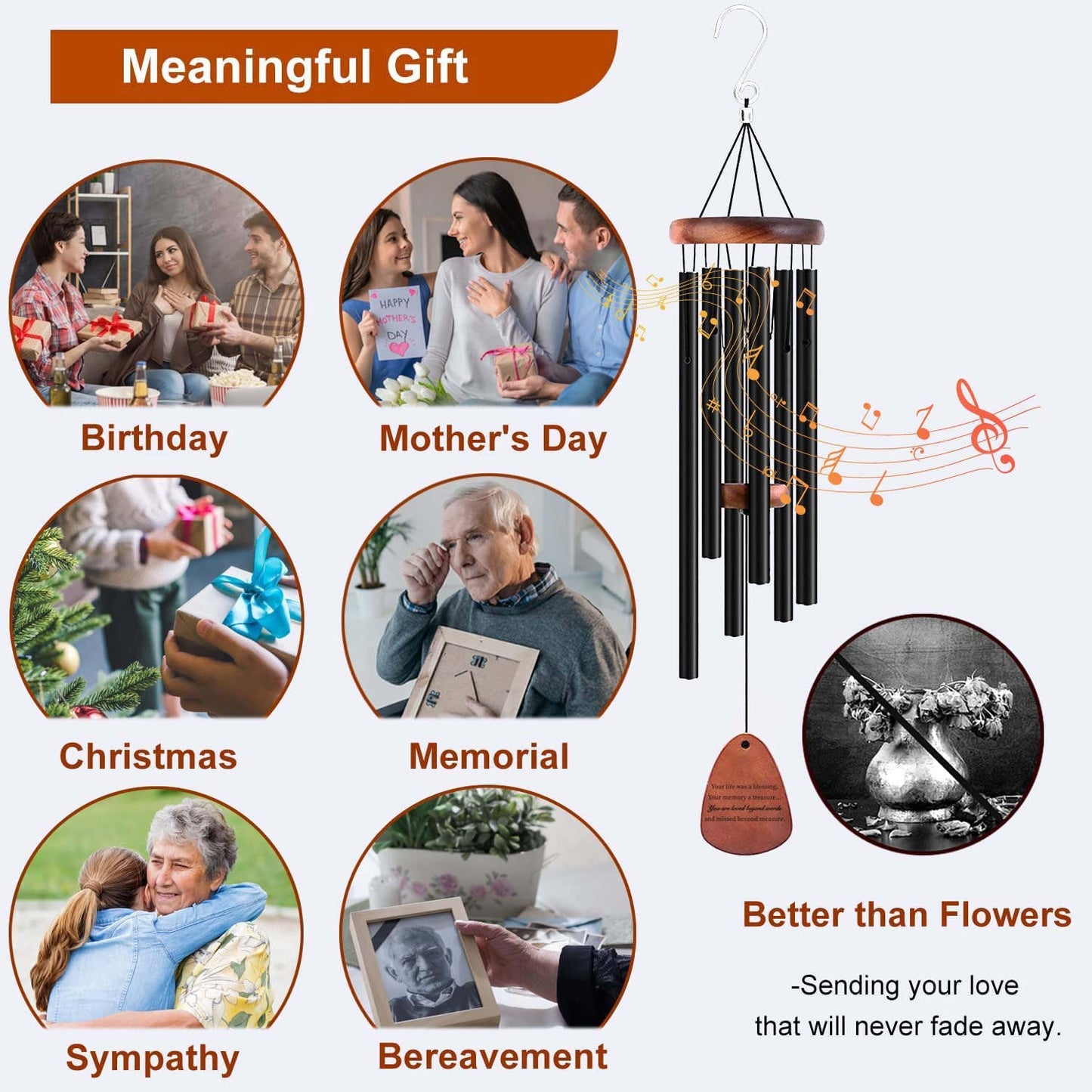 Lilymeche Concept - Memorial Wind Chimes, Black 28", Unique Sympathy Gift, Memorial Gifts for Loss of Mother/Father. Bereavement Condolence Remembrance Funeral Gifts in Memory of Loved Ones.