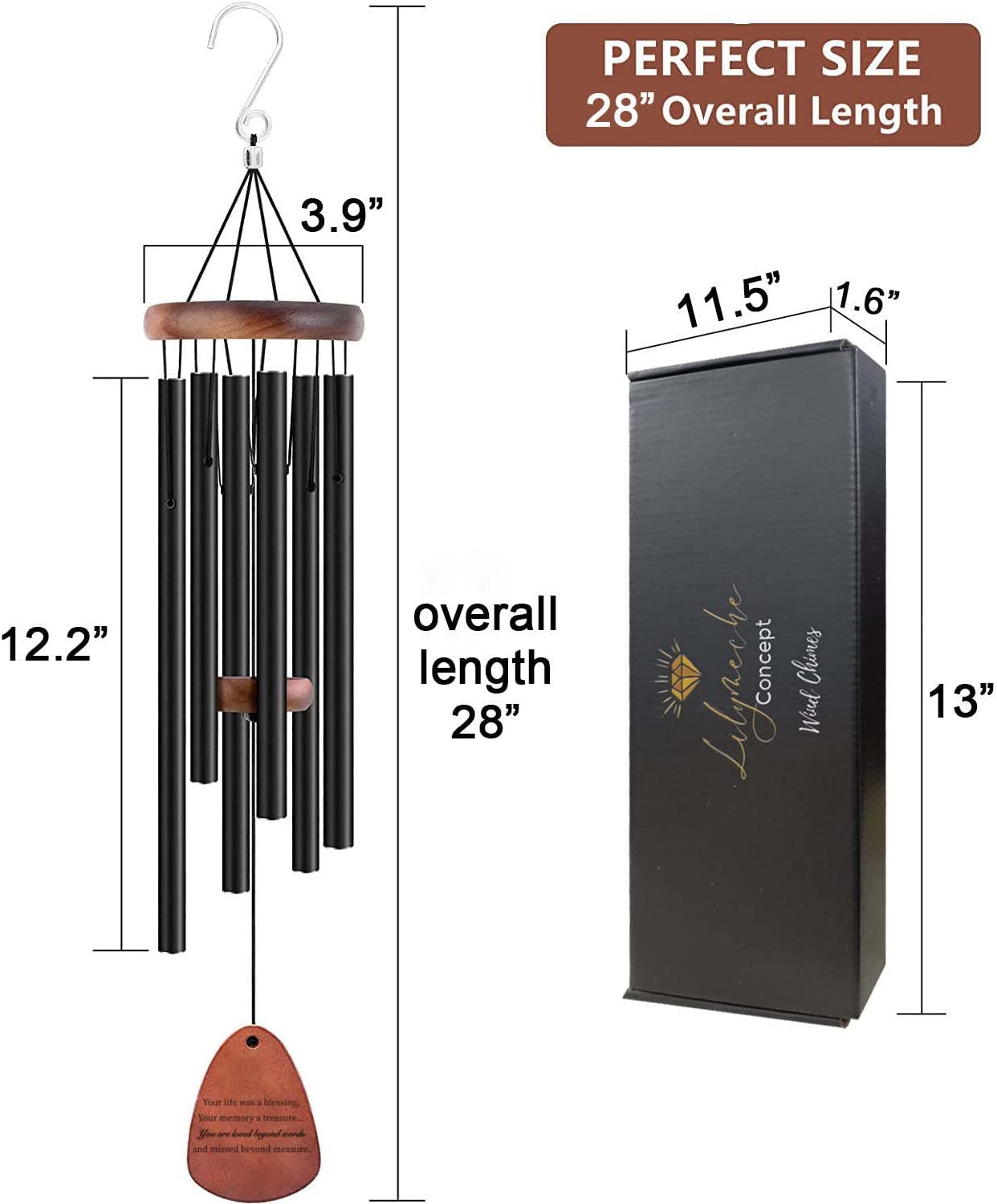 Lilymeche Concept - Memorial Wind Chimes, Black 28", Unique Sympathy Gift, Memorial Gifts for Loss of Mother/Father. Bereavement Condolence Remembrance Funeral Gifts in Memory of Loved Ones.