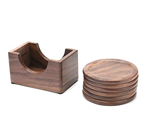 Lilymeche Concept Walnut Wood Drink Coasters with Holder & Wood Coffee Stick, Wooden Coaster Set, Suitable for Coffee Cups, Beer Glasses, Mugs, Wine Cup (4 Inch-6 Pieces)