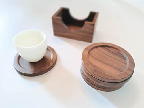 Lilymeche Concept Walnut Wood Drink Coasters with Holder & Wood Coffee Stick, Wooden Coaster Set, Suitable for Coffee Cups, Beer Glasses, Mugs, Wine Cup (4 Inch-6 Pieces)