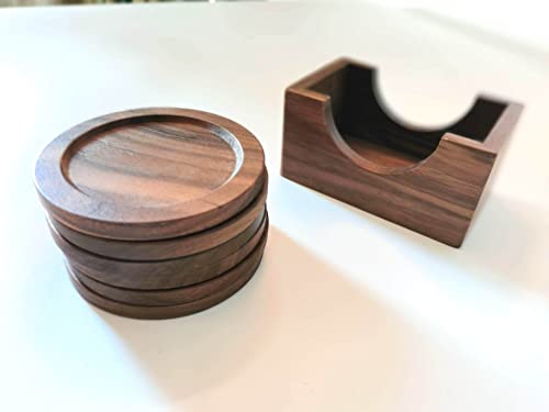 Lilymeche Concept Walnut Wood Drink Coasters with Holder & Wood Coffee Stick, Wooden Coaster Set, Suitable for Coffee Cups, Beer Glasses, Mugs, Wine Cup (4 Inch-6 Pieces)
