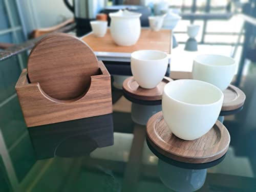 Lilymeche Concept Walnut Wood Drink Coasters with Holder & Wood Coffee Stick, Wooden Coaster Set, Suitable for Coffee Cups, Beer Glasses, Mugs, Wine Cup (4 Inch-6 Pieces)