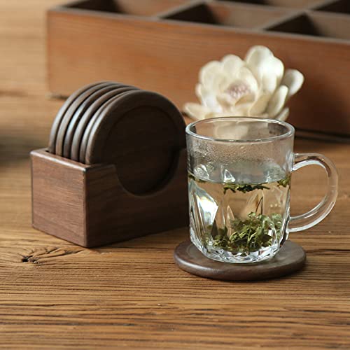 Lilymeche Concept Walnut Wood Drink Coasters with Holder & Wood Coffee Stick, Wooden Coaster Set, Suitable for Coffee Cups, Beer Glasses, Mugs, Wine Cup (4 Inch-6 Pieces)