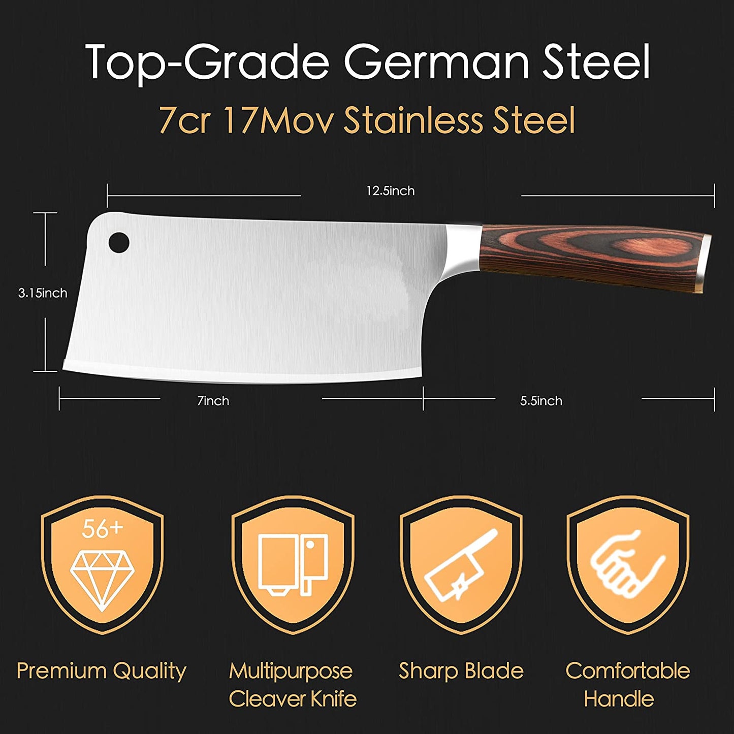 Lilymeche Concept Meat Cleaver Knife(7 Inch-7CR17MOV) Stainless Steel Professional Butcher Knife, Ergonomic Pakkawood