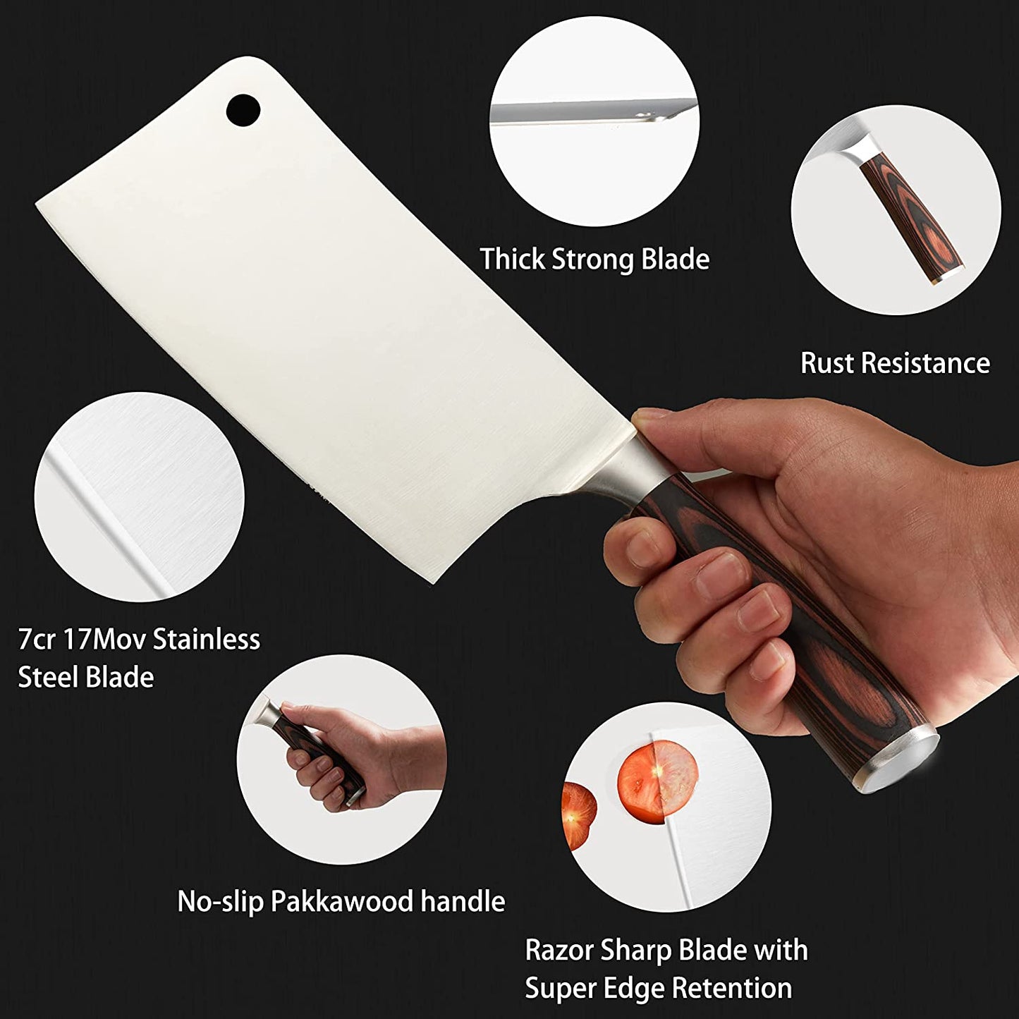 Lilymeche Concept Meat Cleaver Knife(7 Inch-7CR17MOV) Stainless Steel Professional Butcher Knife, Ergonomic Pakkawood