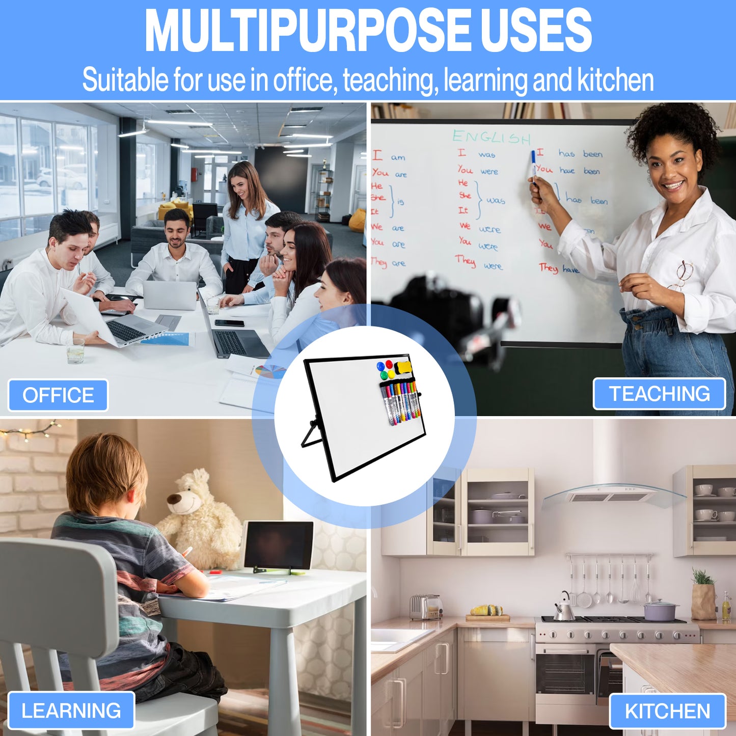 Lilymeche Concept - Dry Erase Board, 16" x 12" Magnetic Desktop Whiteboard with Stand,10 Markers, 4 Magnets, 1 Eraser, Double-Sided Portable Board for Drawing, Kitchen Planning, School, Home, Office