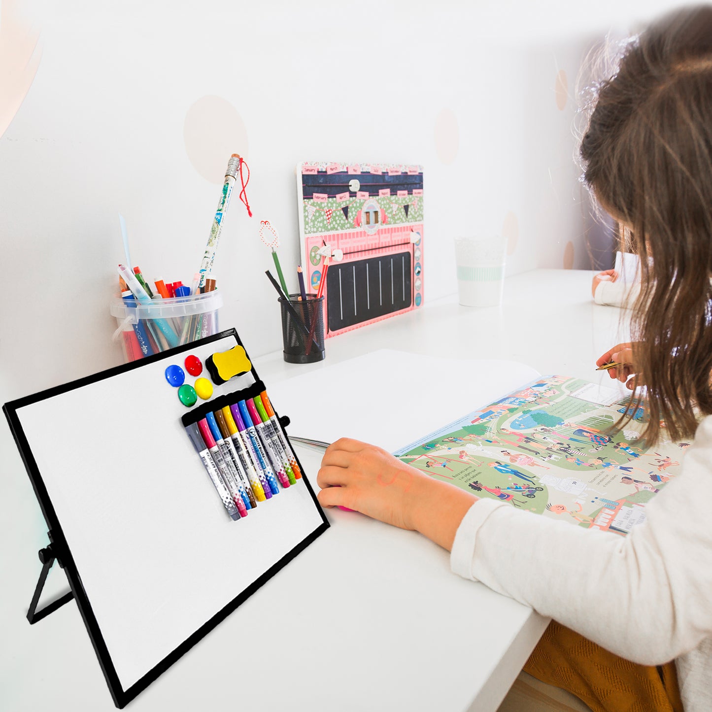 Lilymeche Concept - Dry Erase Board, 16" x 12" Magnetic Desktop Whiteboard with Stand,10 Markers, 4 Magnets, 1 Eraser, Double-Sided Portable Board for Drawing, Kitchen Planning, School, Home, Office