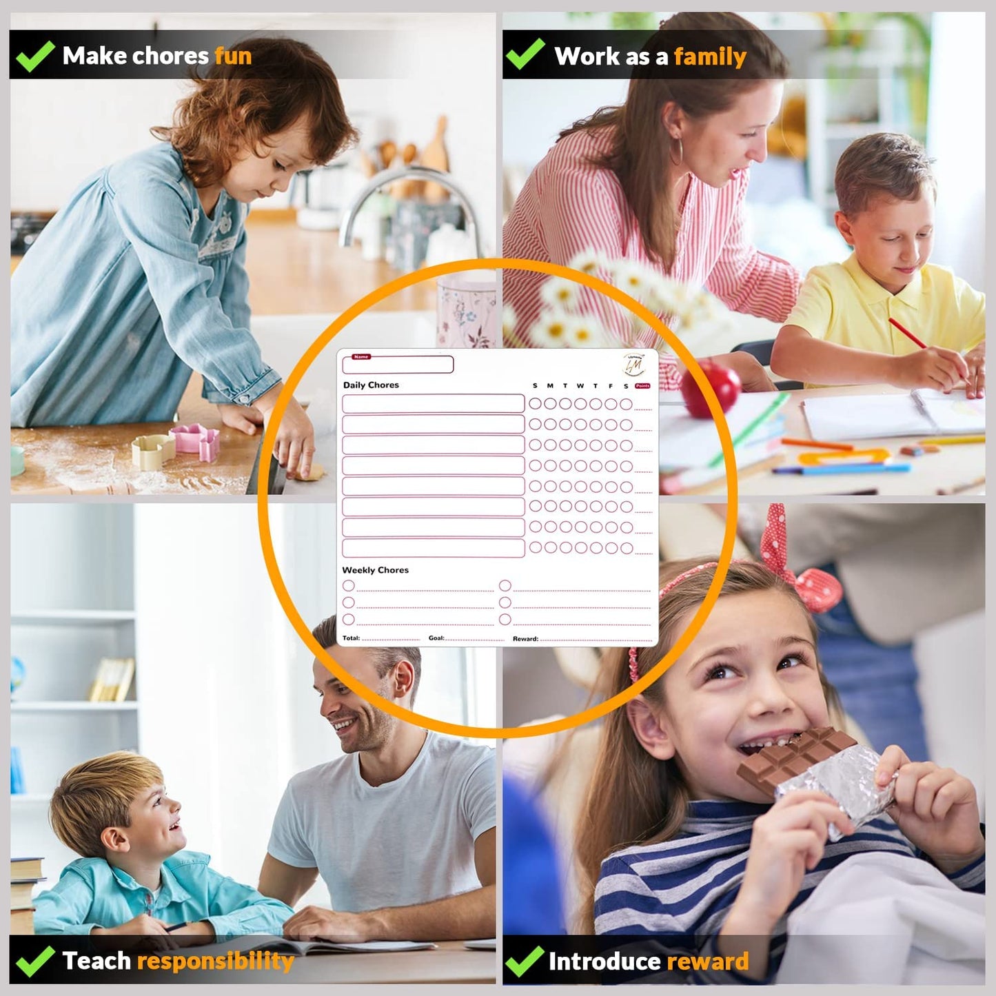 Magnetic Chore chart, 2 Pcs Dry Erase Behavior Charts, 1 Dry Erase Whiteboard and 6 Magnetic Markers, Reward Chart for Multiple Kids, for School, Home and Office