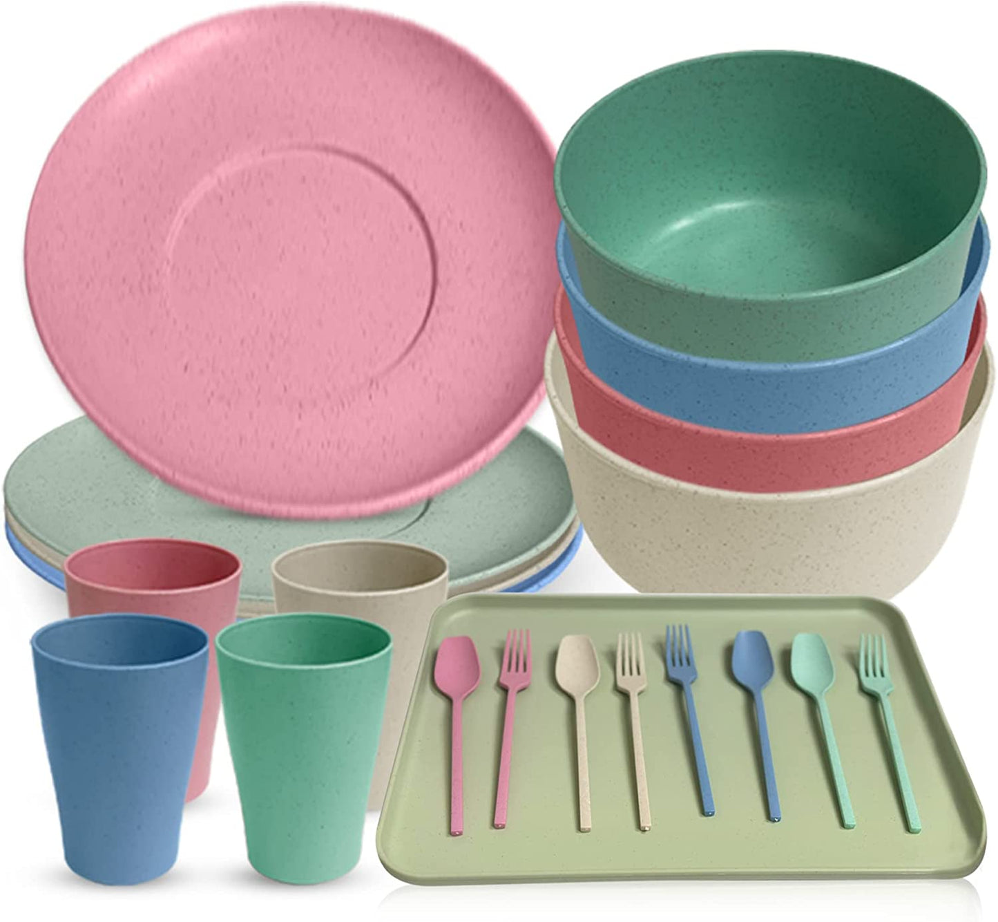 Lilymeche Concept | Unbreakable Wheatstraw Dinnerware Set of 17 Pcs | Colorful Dishwasher Safe & Microwave Safe | Dorm Plate, Cereal Bowl, Spoon, Fork, Cups & Tray