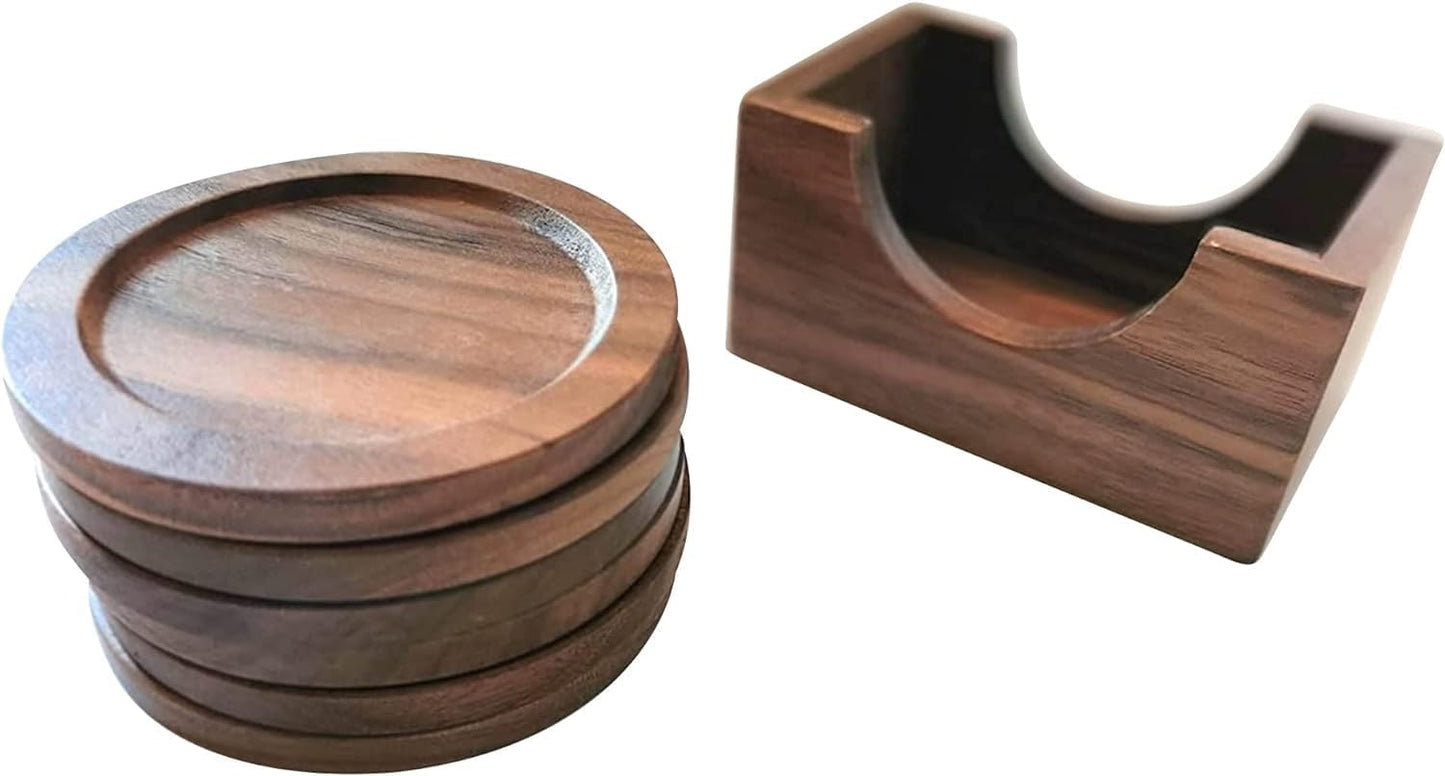 Lilymeche Concept - Walnut Wood Drink Coasters with Holder & Wood Coffee Stick, Wooden Coaster Set, Suitable for Coffee Cups, Beer Glasses, Mugs, Wine Cup (12cm)