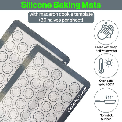 Lilymeche Concept - Silicone Macaron Baking Mats - BPA Free Large Nonstick Kitchen Professional Reusable Heat Resistant Baking 2 Half Sheets Bakeware Mats for Cookies, Bread and Pastry(2pc)