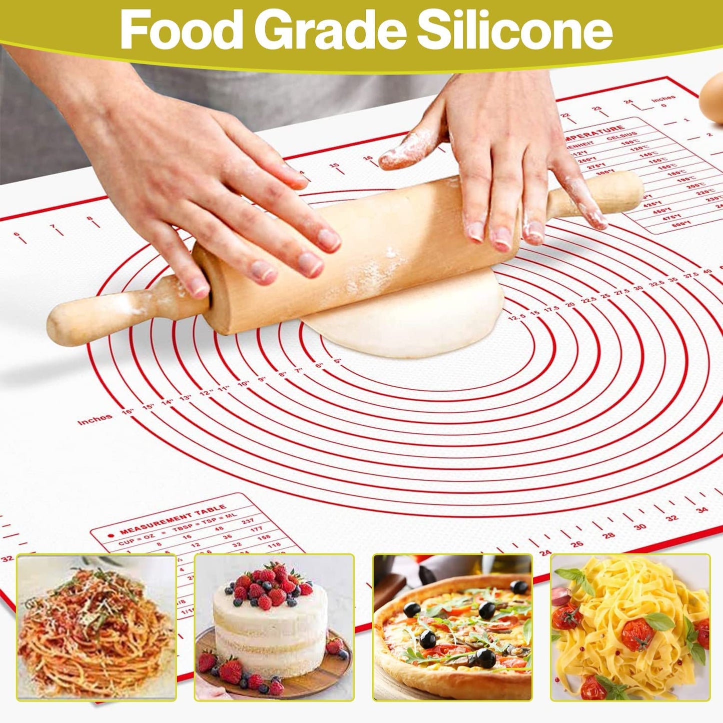 Lilymeche Concept - Silicone Pastry Mat with Measurement(2pc), Non Slip Baking Mat, BPA - Free, Rolling Pastry, Pizza & Cookies, Kneading Board for Dough Rolling, Oven Liner Baking Sheet