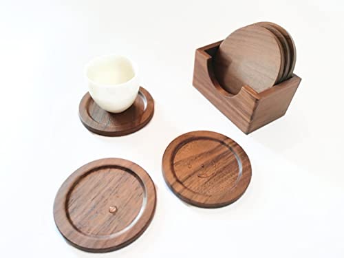Lilymeche Concept Walnut Wood Drink Coasters with Holder & Wood Coffee Stick, Wooden Coaster Set, Suitable for Coffee Cups, Beer Glasses, Mugs, Wine Cup (4 Inch-6 Pieces)