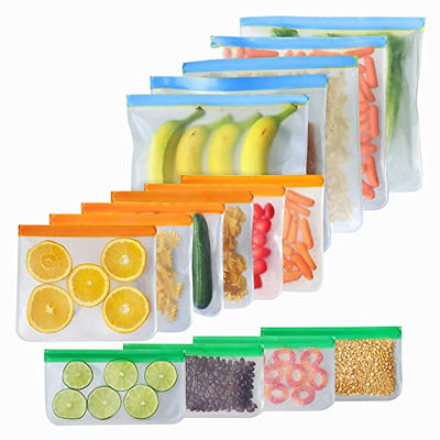 Lilymeche Concept | 22 Pack Reusable Storage Bags, BPA FREE(4 Gallon Ziplock Bags+ 9 Reusable Snack Bags + 9 Sandwich Bags) Food grade PEVA, Leakproof Bags for Meat, Fruit, Vegetable)