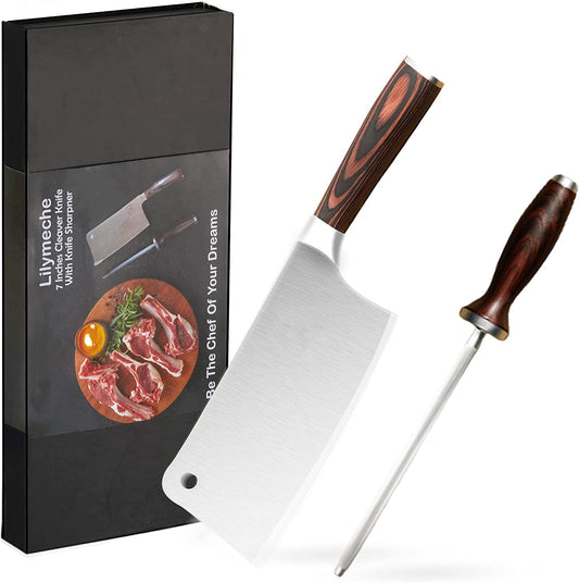 Lilymeche Concept Meat Cleaver Knife(7 Inch-7CR17MOV) Stainless Steel Professional Butcher Knife, Ergonomic Pakkawood