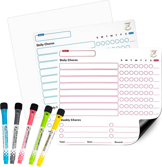 Magnetic Chore chart, 2 Pcs Dry Erase Behavior Charts, 1 Dry Erase Whiteboard and 6 Magnetic Markers, Reward Chart for Multiple Kids, for School, Home and Office