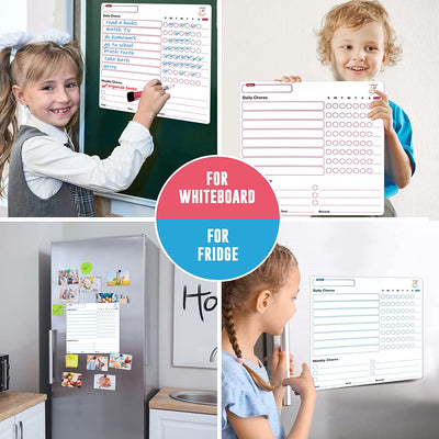 Magnetic Chore chart, 2 Pcs Dry Erase Behavior Charts, 1 Dry Erase Whiteboard and 6 Magnetic Markers, Reward Chart for Multiple Kids, for School, Home and Office