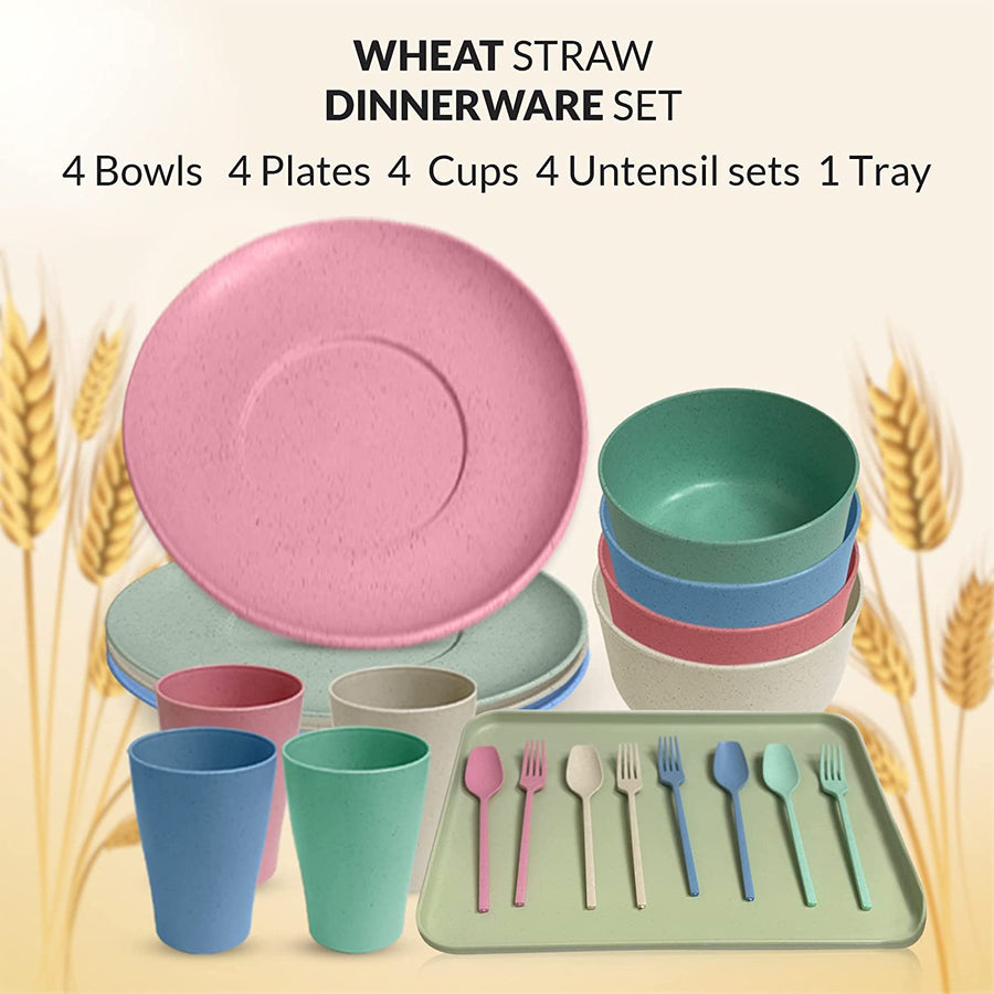 Lilymeche Concept | Unbreakable Wheatstraw Dinnerware Set of 17 Pcs | Colorful Dishwasher Safe & Microwave Safe | Dorm Plate, Cereal Bowl, Spoon, Fork, Cups & Tray