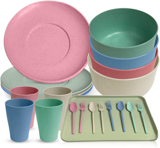 Lilymeche Concept | Unbreakable Wheatstraw Dinnerware Set of 17 Pcs | Colorful Dishwasher Safe & Microwave Safe | Dorm Plate, Cereal Bowl, Spoon, Fork, Cups & Tray