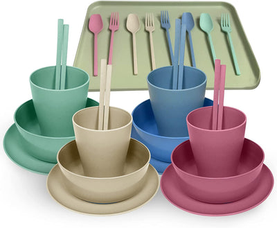 Lilymeche Concept | Unbreakable Wheatstraw Dinnerware Set of 17 Pcs | Colorful Dishwasher Safe & Microwave Safe | Dorm Plate, Cereal Bowl, Spoon, Fork, Cups & Tray