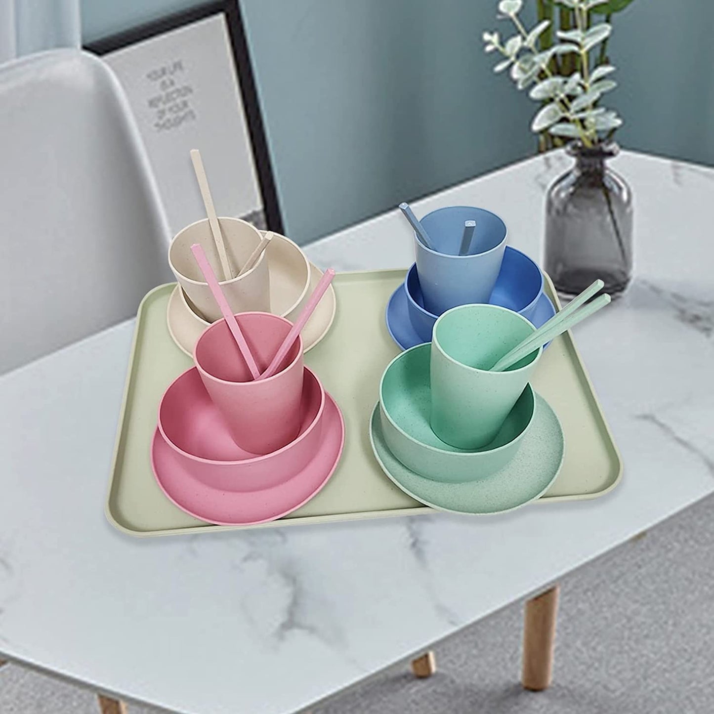 Lilymeche Concept | Unbreakable Wheatstraw Dinnerware Set of 17 Pcs | Colorful Dishwasher Safe & Microwave Safe | Dorm Plate, Cereal Bowl, Spoon, Fork, Cups & Tray