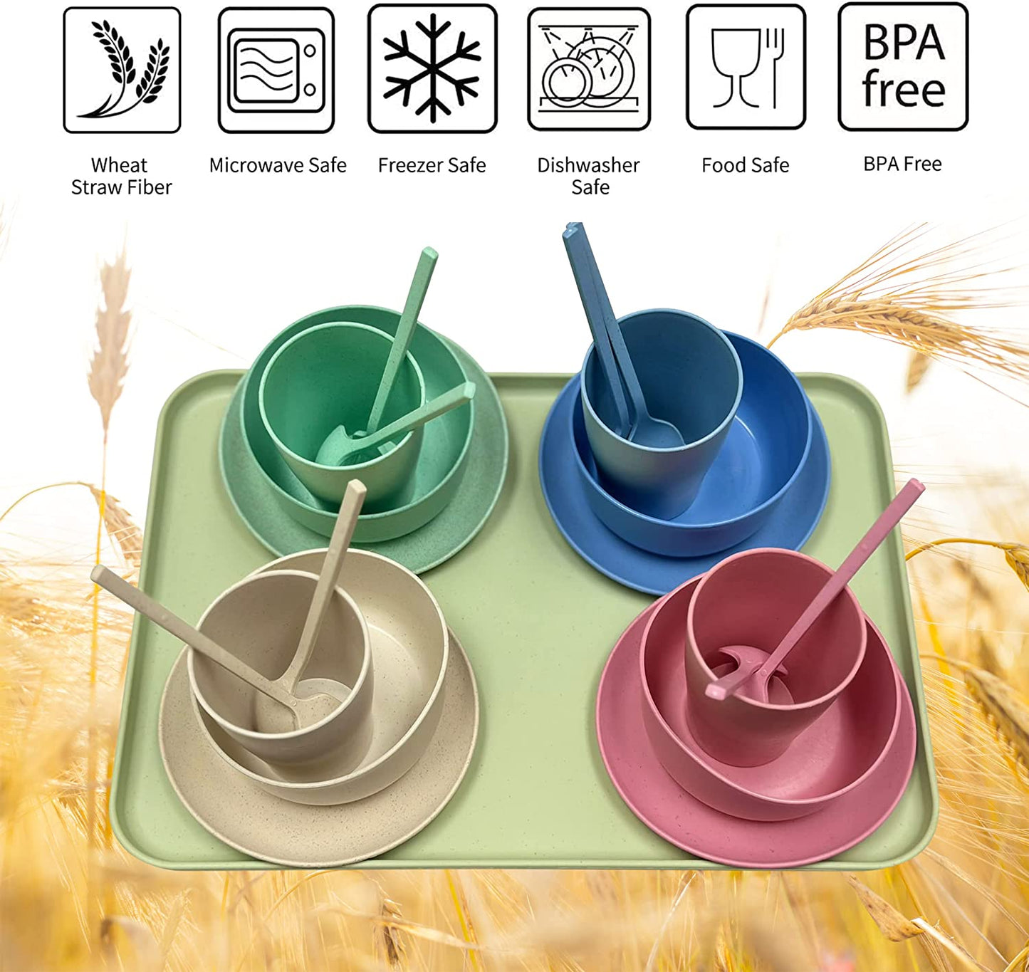Lilymeche Concept | Unbreakable Wheatstraw Dinnerware Set of 17 Pcs | Colorful Dishwasher Safe & Microwave Safe | Dorm Plate, Cereal Bowl, Spoon, Fork, Cups & Tray